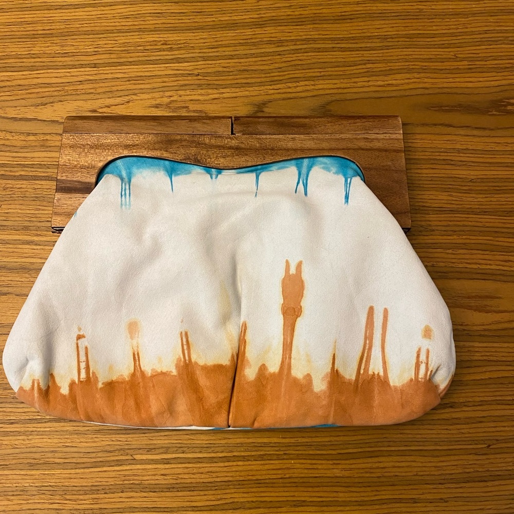 Dulce leather clutch  purse withh wooden handle